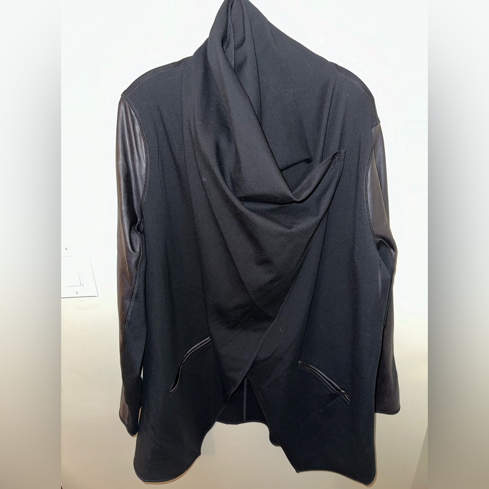 SPANX Black Draped Open-Front Jacket with Leather-Look Sleeves - Picture 6 of 10